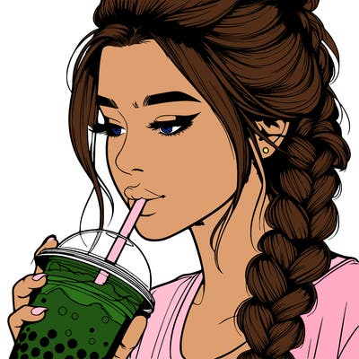 realistic girl drinking boba tea with braided hair