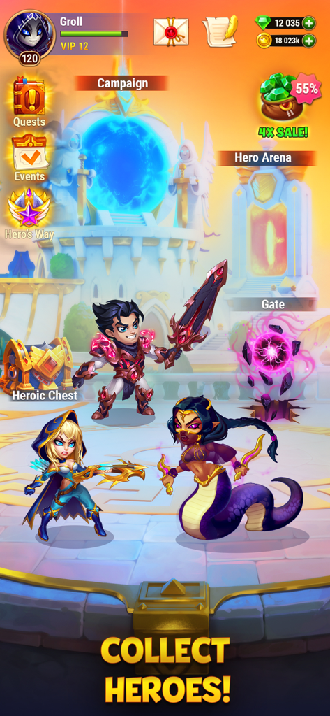 Pantalla de juego de Hero Wars Alliance con personajes de fantasía y una llamada a coleccionar héroes.