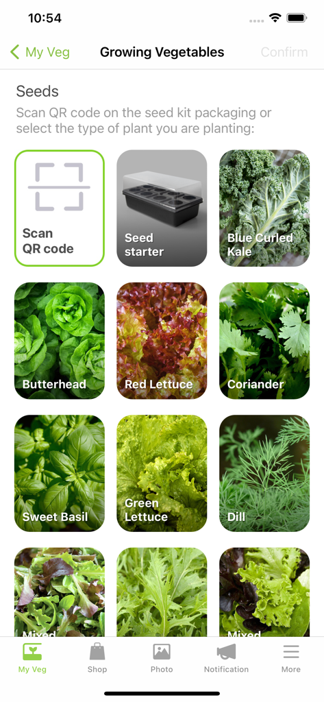 Seed selection menu in the aspara app showing various vegetable options like kale and basil