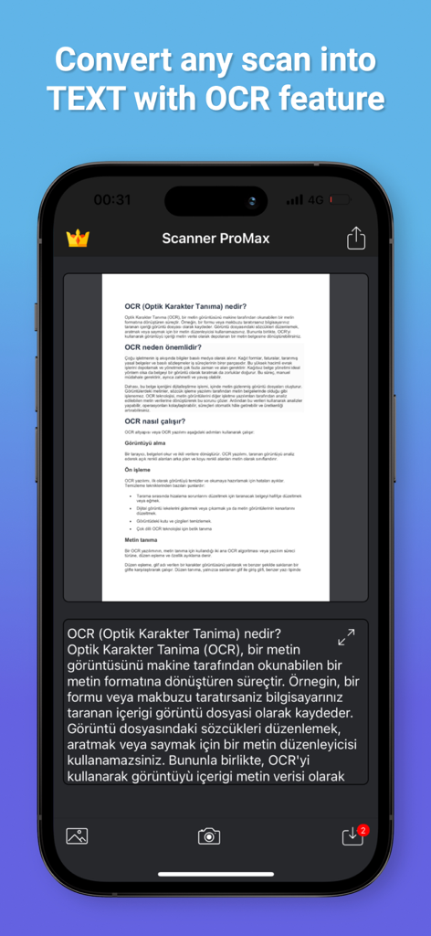 Scanner ProMax : PDF Converter - Smartphone screen of Scanner ProMax app converting a document scan into text using OCR feature.