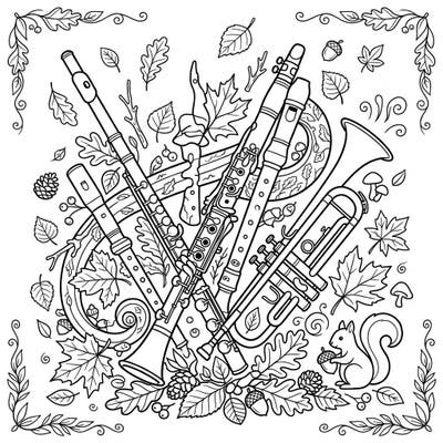 Immerse yourself in the harmonious blend of music and nature with this delightful wind instruments coloring page. Discover flutes, clarinets, and trumpets nestled amongst a rich tapestry of autumn leaves and forest treasures.
