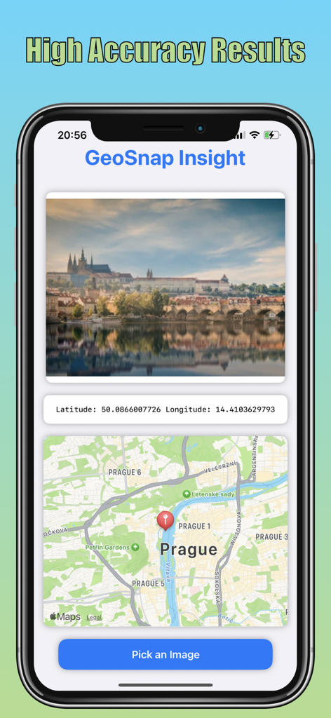 GeoSnap Insight - GeoSnap Insight app screen showing high accuracy AI prediction of a Prague photo location on an interactive map with GPS coordinates