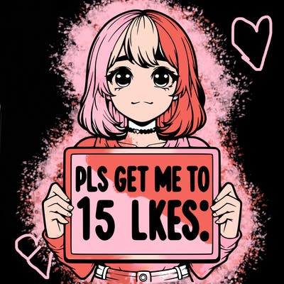 realistic girl holding up a sign that says “pls get me to 15 likes!”