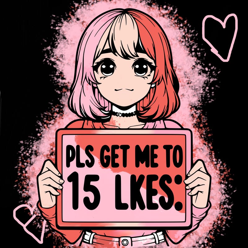realistic girl holding up a sign that says “pls get me to 15 likes!”