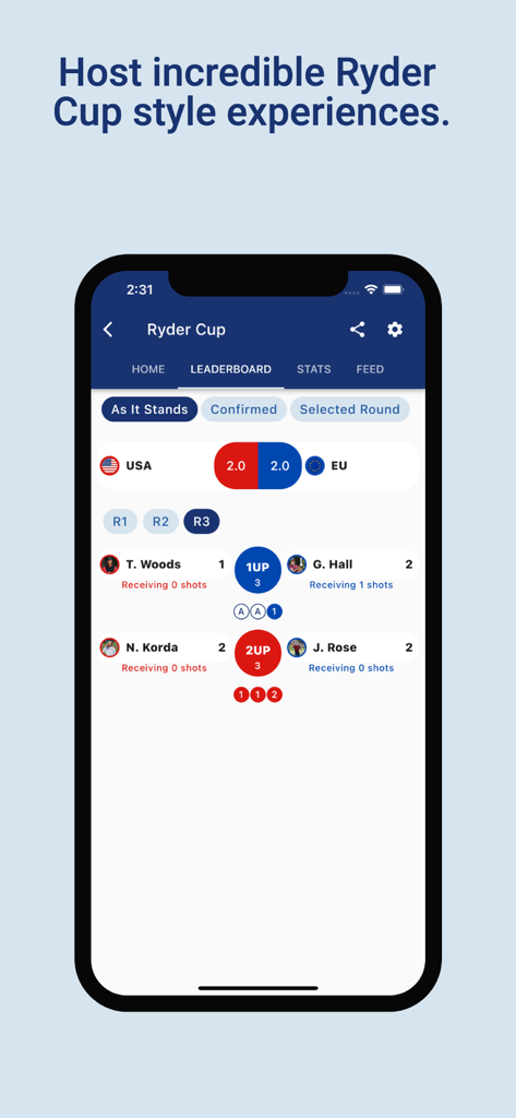 Golfify - Golf Tournament App - A mobile screen showing the Golfify app's Ryder Cup leaderboard with live team scores for USA and EU and individual player match stats.