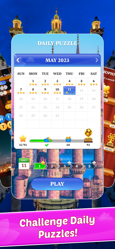 A screenshot of the daily puzzle calendar in Word Town Word Search Puzzles showing monthly rewards and a travel themed background.