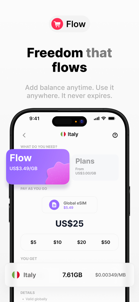 Umi: Universal eSIM & Data - L'interface de l'application Umi affichant les options de solde de données prépayées et la sélection de recharge pour les voyages internationaux.