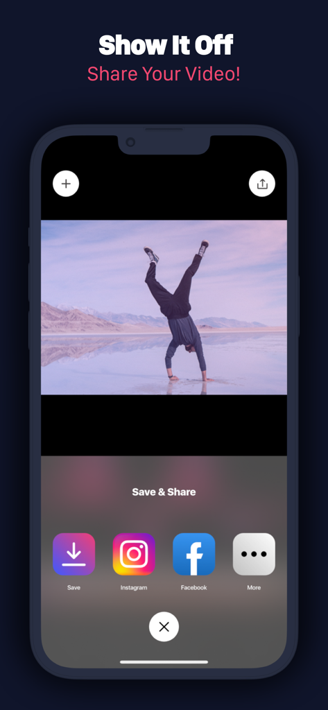 Interfaccia di condivisione di Slow Motion Video Maker Editor che mostra le opzioni per salvare o condividere su Instagram e Facebook.