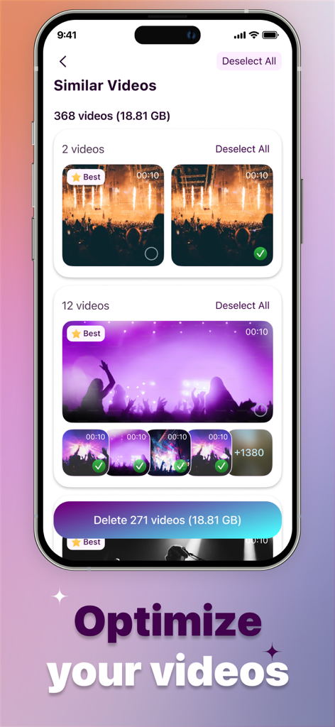 Expandify app interface showing a list of similar videos from a concert with an option to delete duplicates and save 18.81 GB of storage space.