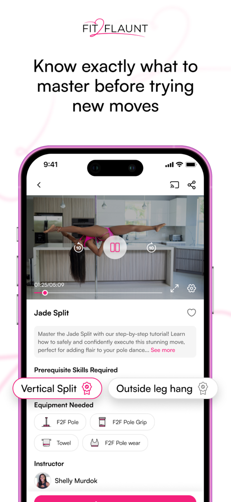 Fit-2-Flaunt - Fit-2-Flaunt app interface showing a pole dance tutorial for the Jade Split move with prerequisite skills and required equipment