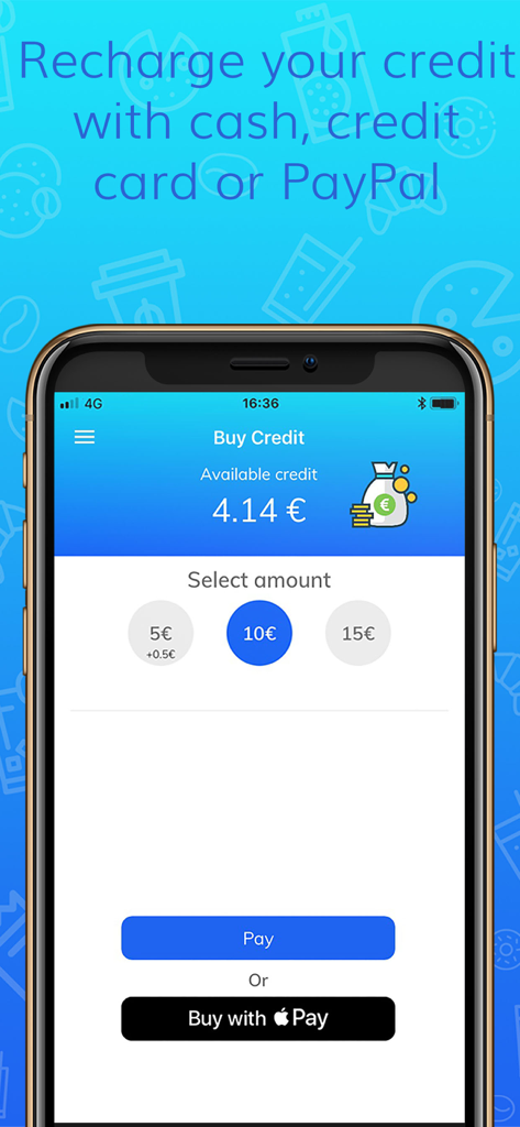 Pay4Vend app screen on an iPhone showing options to recharge vending machine credit with Apple Pay and PayPal