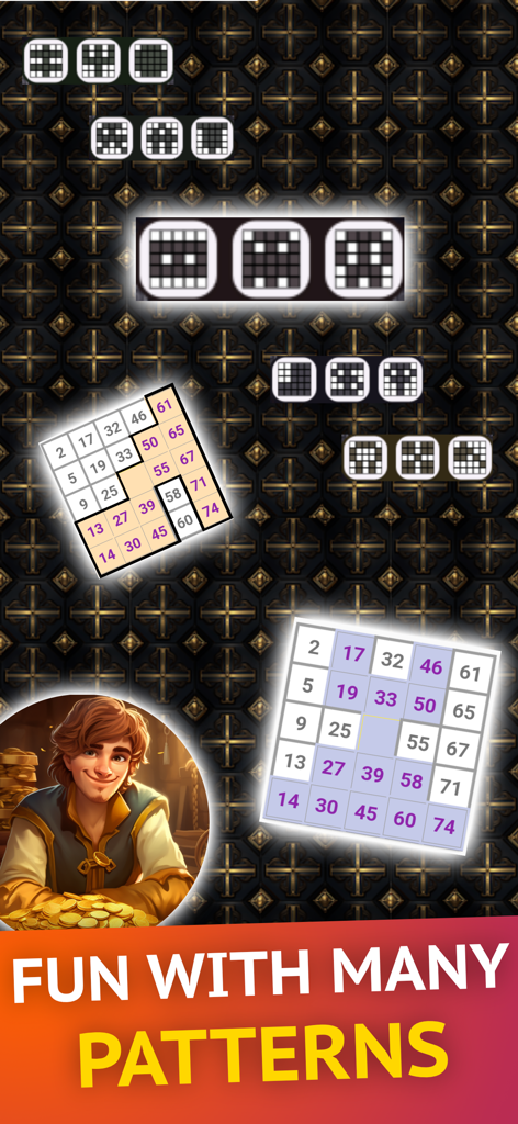 Interfaccia dell'app mobile che mostra vari schemi di cartelle bingo e cartelle di gioco con un personaggio di presentatore amichevole