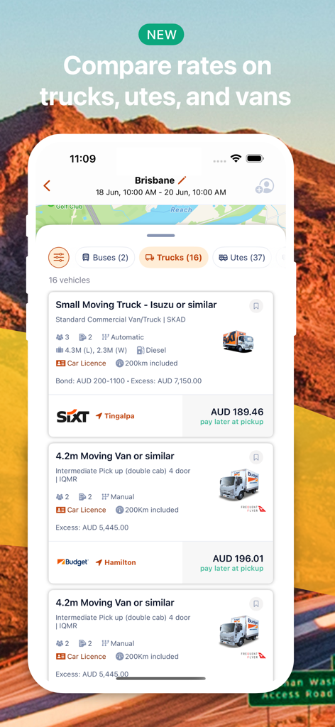 여러 제공업체의 트럭 및 밴 렌탈 가격을 비교하는 앱 인터페이스