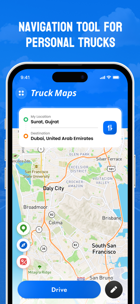 TruckMap.AI - Truck GPS Routes - Écran de smartphone montrant une carte de navigation pour camion avec des options de planification d'itinéraire