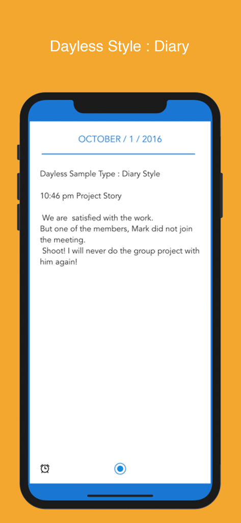 Dayless - Simple Diary App - A minimalist diary entry screen in the Dayless app on an iPhone against an orange background