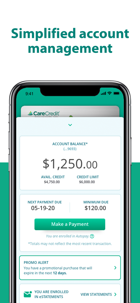 Dashboard der CareCredit Mobile App mit Kontostand und Button für Zahlungen
