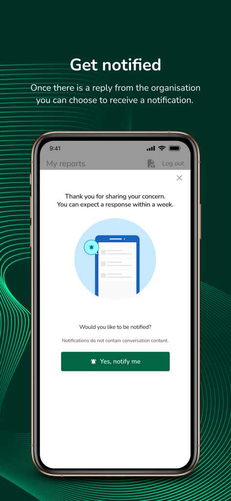 Screenshot of SpeakUp app notification prompt asking users if they want to be notified when an organization replies to their concern