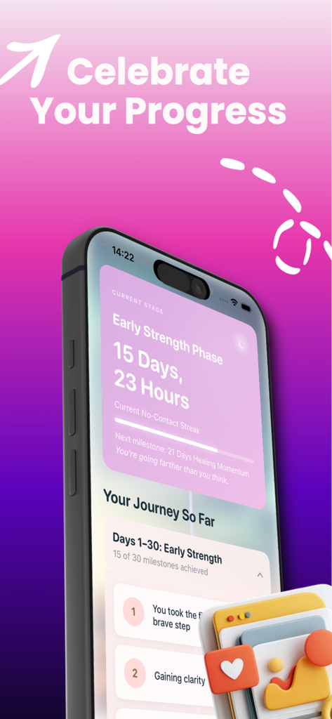 Reclaim : No Contact Journey - Reclaim app interface displaying a 15 day no contact streak counter and milestone achievements