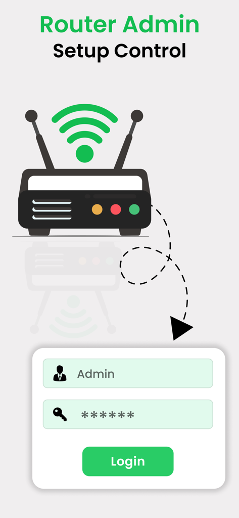 Router Admin Setup Controller. - Login interface of the Router Admin Setup Control app showing the admin username and password fields
