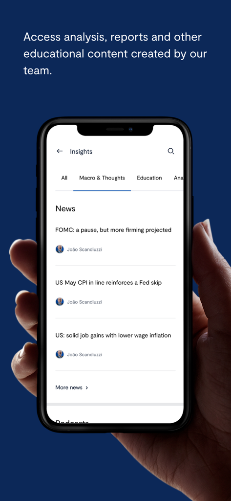 BTG Pactual Global - Tela de insights do aplicativo BTG Pactual Global mostrando relatórios financeiros e análise de mercado em um iPhone.