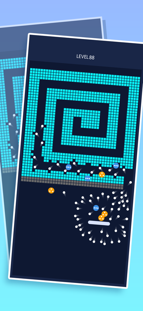 Huge Bricks mobile game level 88 featuring a spiral brick layout and ball multiplier effect.