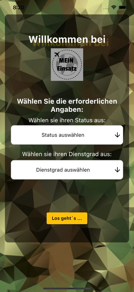 meinEinsatz-AVZ - Écran d'accueil de l'application meinEinsatz-AVZ présentant la sélection du statut et du grade militaire sur un fond de camouflage.