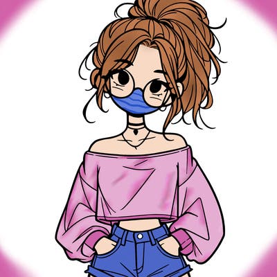 girl with a messy ponytail glasses a baggy crop top and jean shorts
