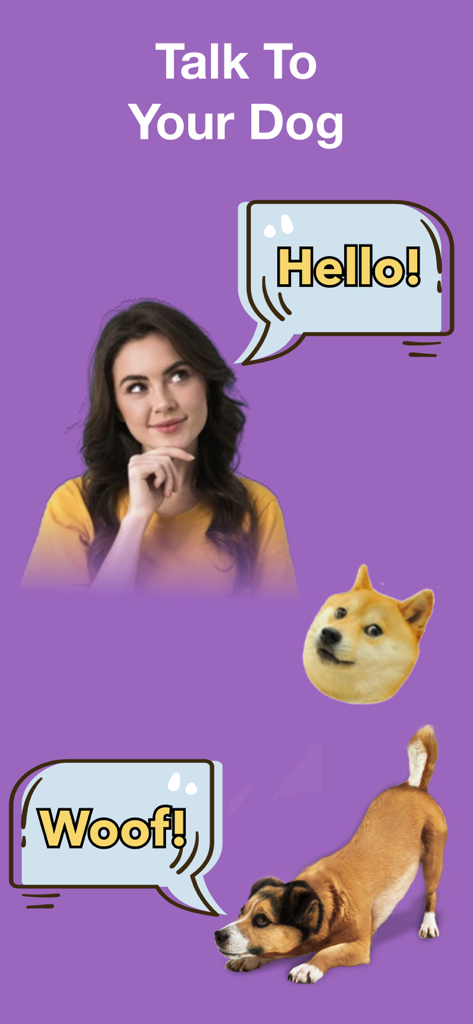 Dog Play & Whistle Games - Screenshot of Dog Play and Whistle Games app showing the Talk To Your Dog feature with speech bubbles and a person interacting with a dog.