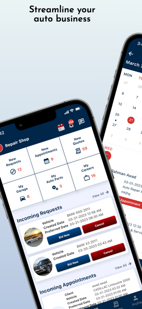 My Car App Vendor - My Car App Vendor interface showing incoming service requests, new appointments, and a business management dashboard for auto repair shops