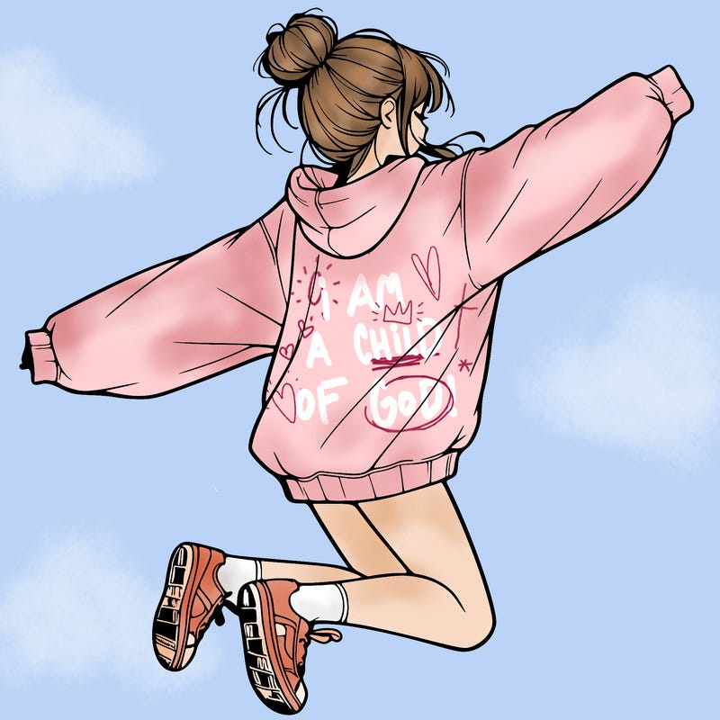 realistic girl jumping with a bun and oversized sweatshirt