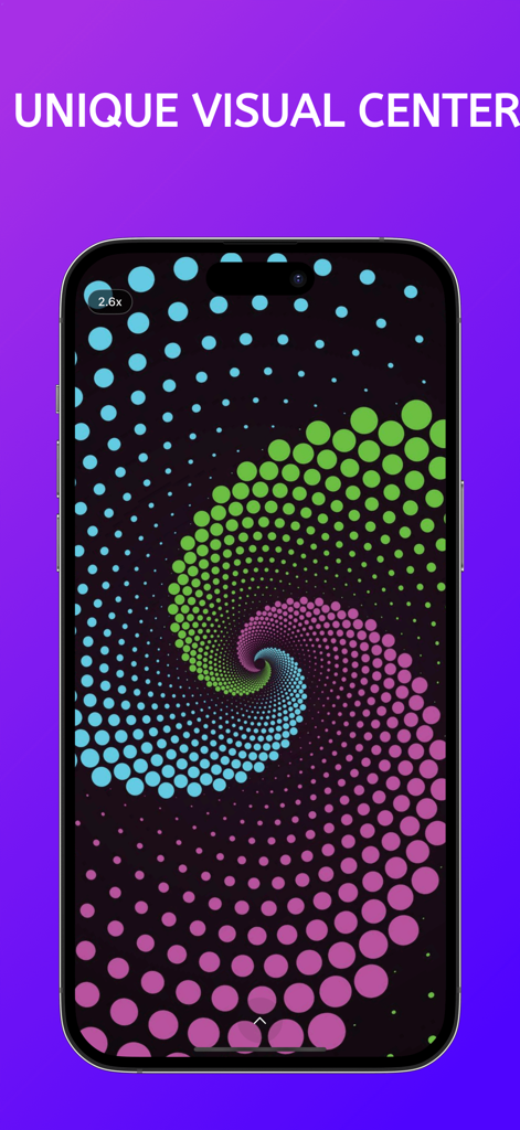 Rotation - Visual Effect - Una pantalla de teléfono móvil que muestra un patrón de espiral hipnótica colorida hecha de puntos azules, verdes y rosas