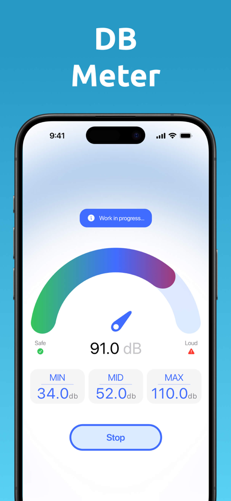 Clear Wave ‒ Water Eject - Interface of the Clear Wave app decibel meter showing a 91 decibel reading with a colorful gauge