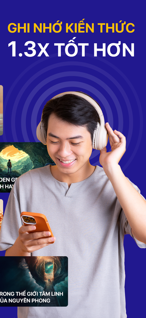 Ein Mann mit Kopfhörern hört vietnamesische Hörbücher auf der Voiz FM Mobile App.