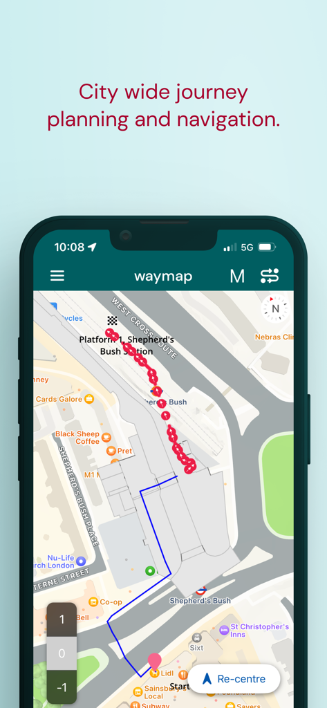 Waymap - A screenshot of the Waymap app interface showing a detailed city map with a walking navigation path near Shepherd's Bush station