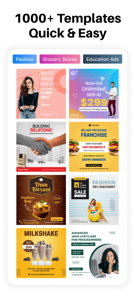 Showcase of various professional ad templates for fashion, food, and business services.