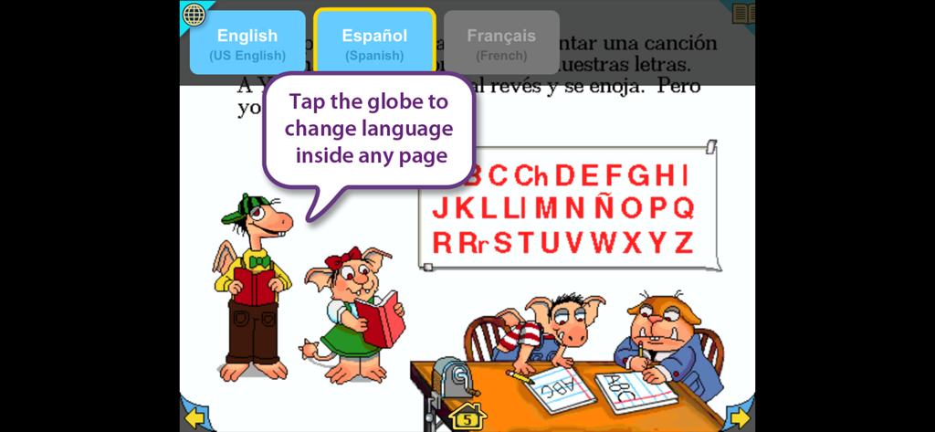 Little Monster at School - Language selection menu showing English and Spanish options in the Little Monster at School app classroom scene