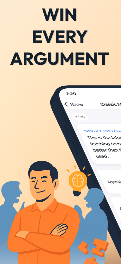 A confident person with a logic quiz on a phone and the text Win Every Argument.