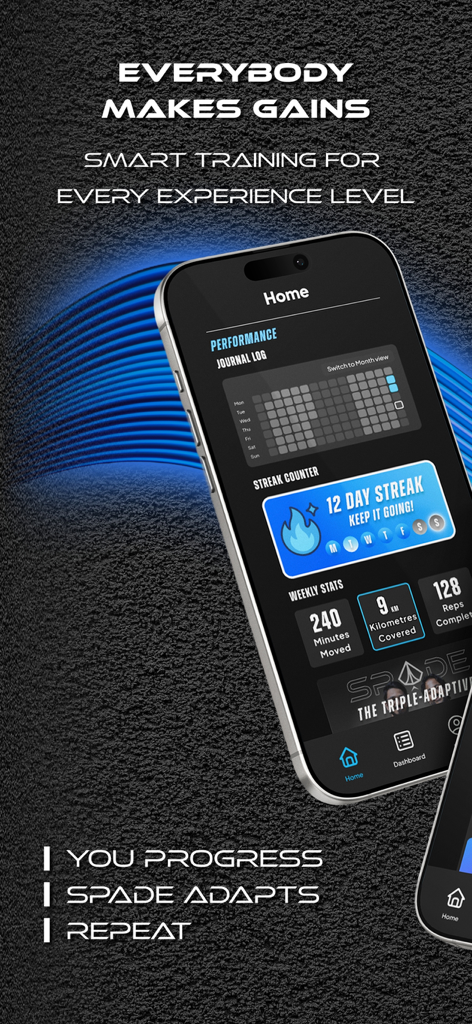Spade.Fit - Adaptive Workouts - Spade Fit app performance dashboard showing activity journal 12 day streak and weekly fitness stats