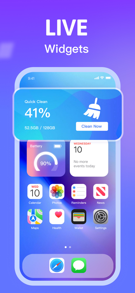 Boost Cleaner - iPhone home screen featuring a Boost Cleaner widget for quick storage cleaning and a battery status widget