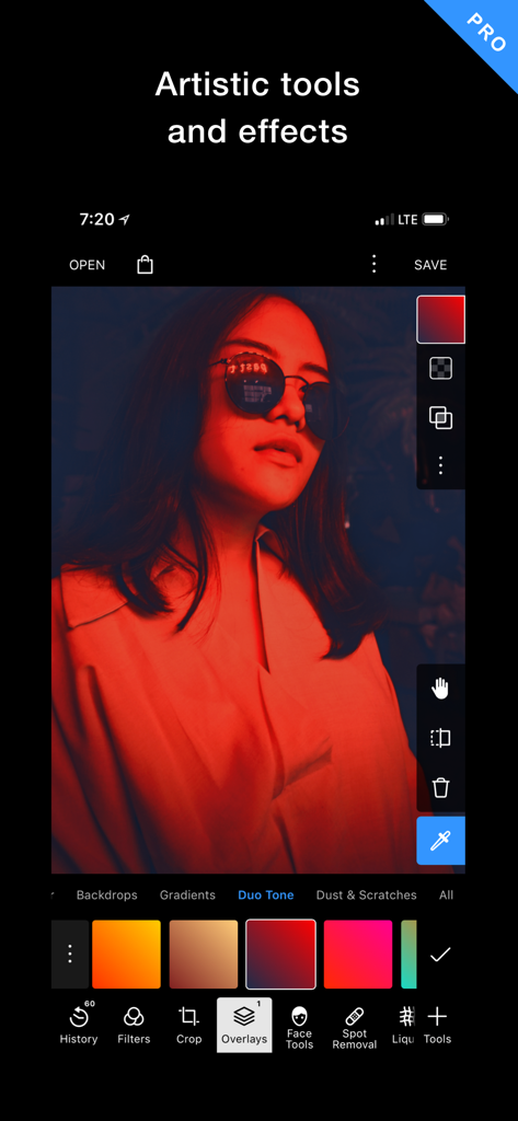 Polarr Pro app interface showing red duo tone lighting and artistic overlays on a portrait