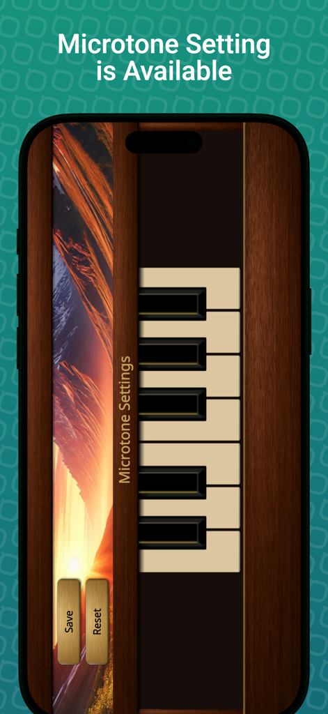 Duduk Sim - Duduk Sim app interface showing microtone settings with a keyboard and sunset background