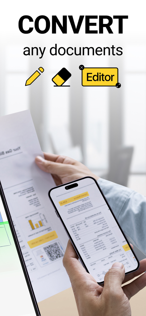 Photo to PDF Convert Scanner + - Una persona escaneando un documento físico con un iPhone para convertirlo a PDF usando el editor de la aplicación