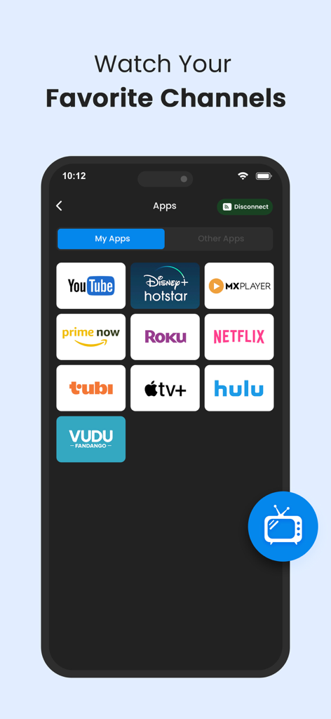 Universal TV Remote Control * - Interfaz de la aplicación Control Remoto Universal para TV que muestra una selección de canales de streaming favoritos como Netflix y YouTube.