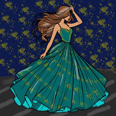 realistic woman with dress flowing in the wind