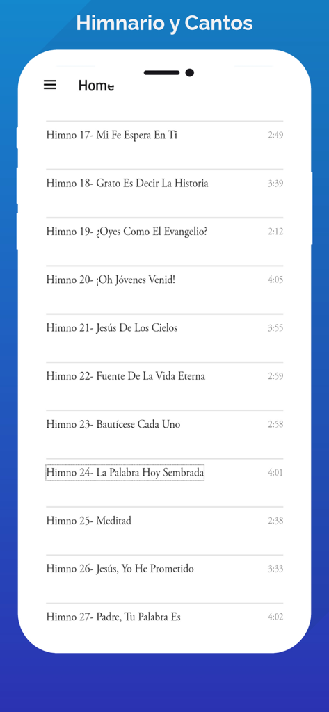 Lista de himnos cristianos en la aplicación Himnario Cantos Espirituales