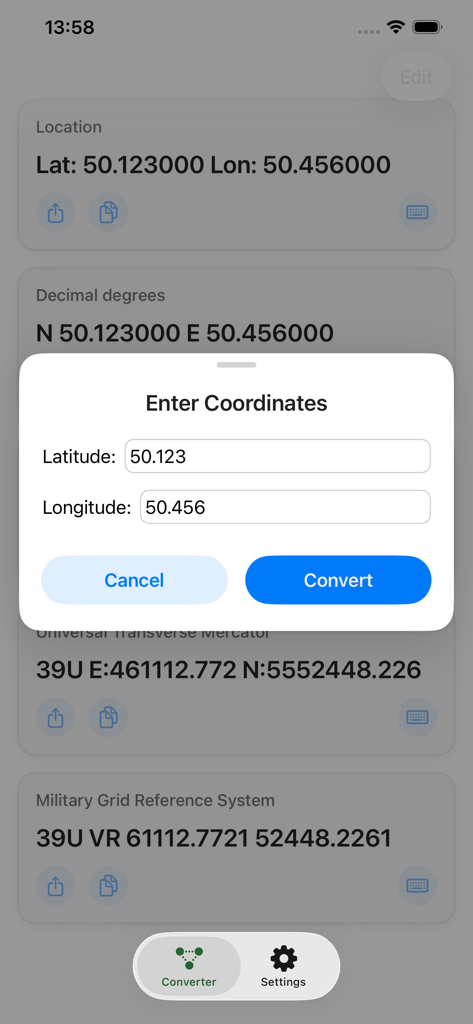 Input modal for entering latitude and longitude coordinates in the Geo Changer app