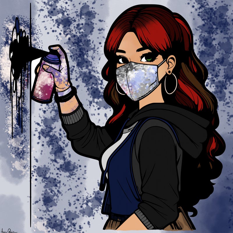 realistic girl with mask spray painting a wall