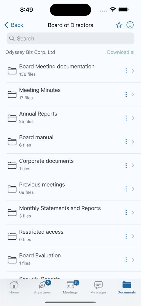 Lista de pastas de documentos do conselho corporativo no aplicativo móvel Admincontrol