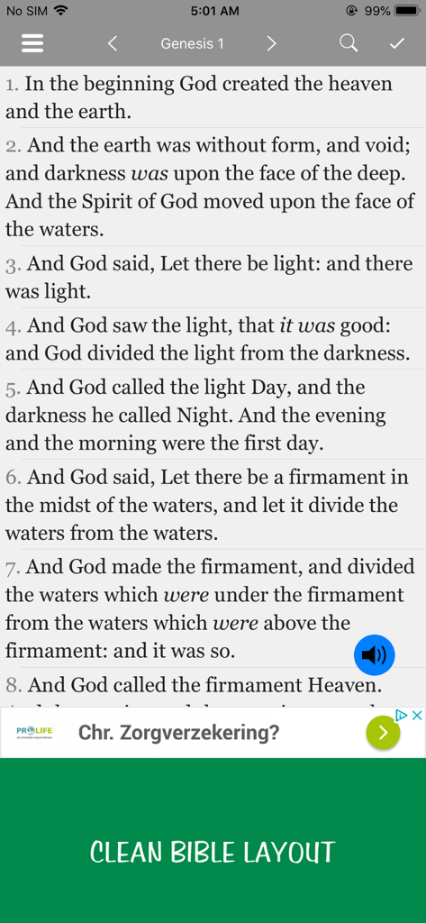 King James Version Bible text for Genesis 1 in the Smiths Bible Dictionary app showing a clean reader layout and audio button