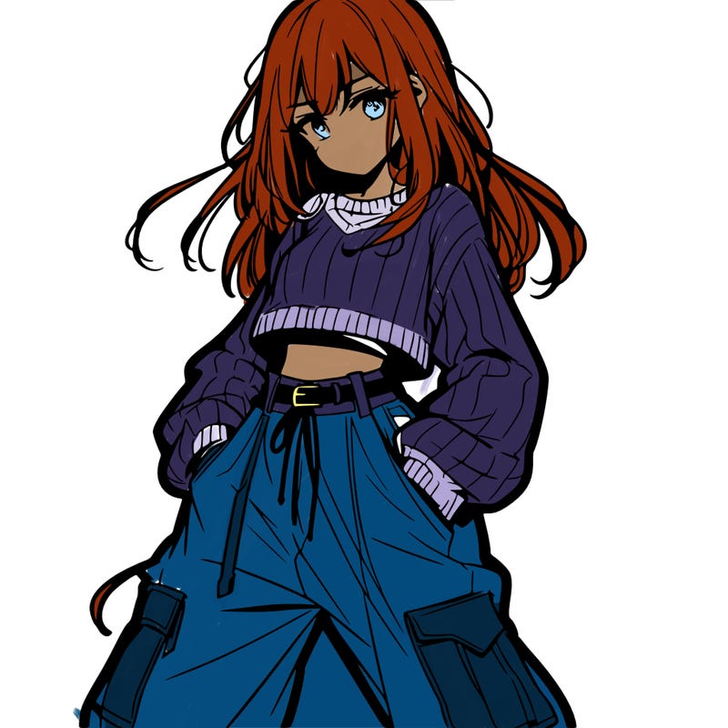 anime teen girl with baggy pants and crop top with sweater